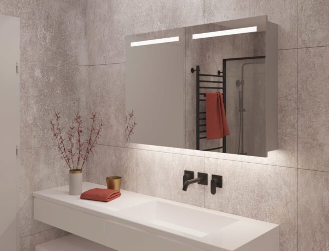 Aluminium badkamer spiegelkast met LED verlichting boven en verwarming, sensor en 100x70 cm - Designspiegels