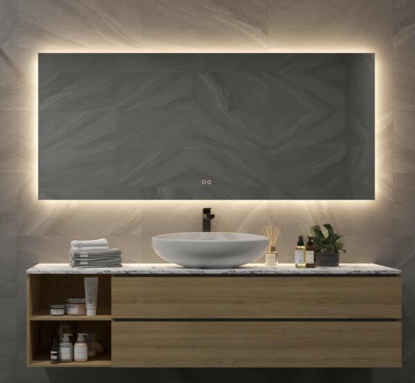 160 cm brede badkamerspiegel met rondom LED verlichting, spiegelverwarming en instelbare LED kleur, handig!