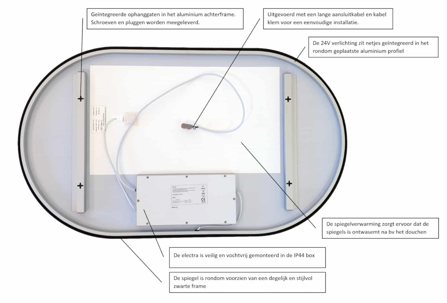 S'bagno Badkamerspiegel met verlichting, ovaal, 60 x 90 cm, led- badkamerspiegel met aluminium frame, mistvrij, 3000-6500 K, geheugenfunctie, IP44 badkamerspiegel met verlichting, horizontaal/verticaal