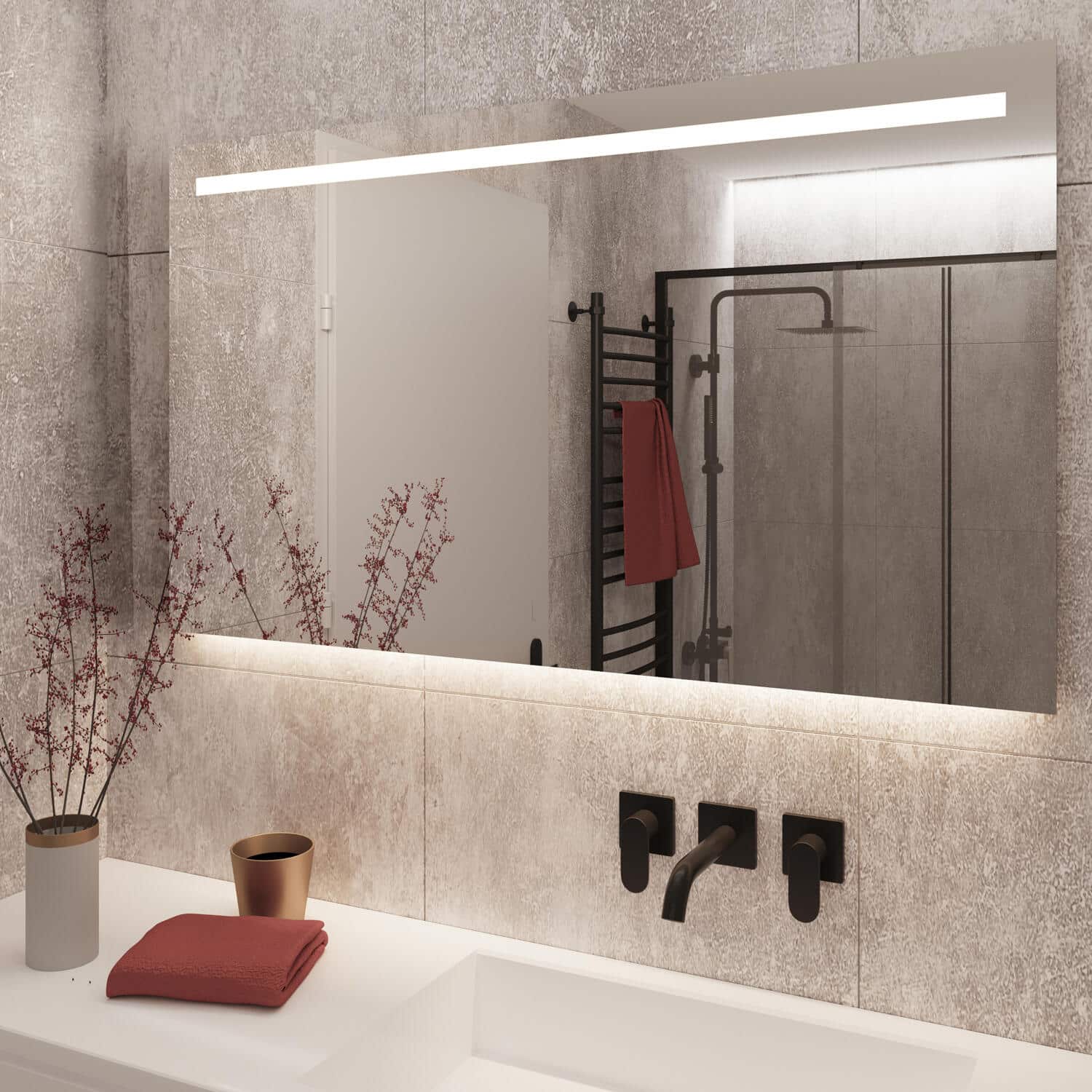 Deze stijlvolle badkamer spiegel is 120 cm breed, 70 cm hoog en slechts 3 cm diep