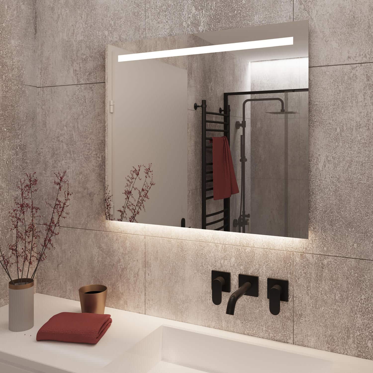 Deze badkamer spiegel is 80 cm breed, 70 cm hoog en slechts 3 cm diep