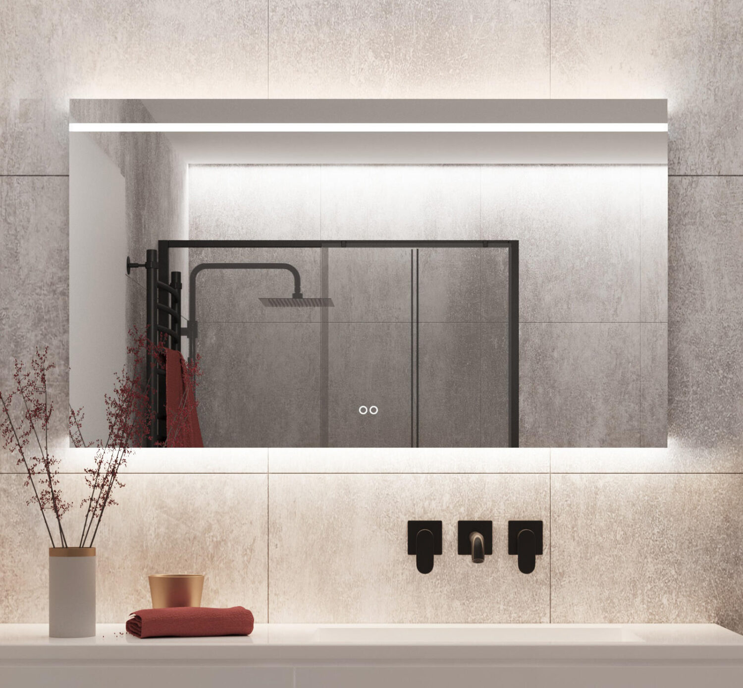 Designer badkamer spiegel met instelbare lichtkleur, handig!
