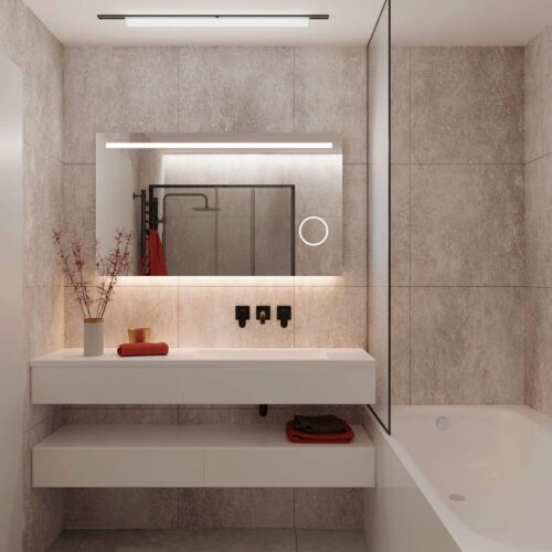 Complete badkamer spiegel met make-up spiegel, verlichting, spiegelverwarming en handige sensor met dimfunctie