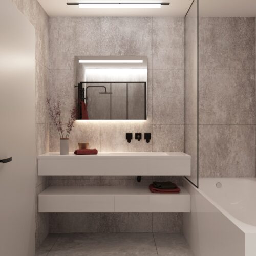 Design LED spiegel in een modern ingerichte badkamer, met witte badkamermeubels, een zwarte douche en grijze betegeling