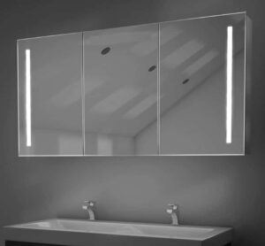 Fraaie 160 cm brede, aluminium spiegelkast met verlichting en spiegelverwarming