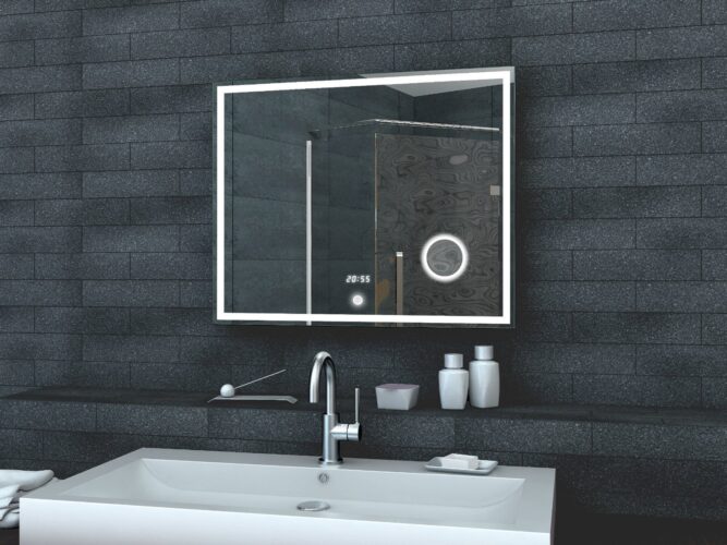 Deze moderne badkamer spiegel heeft witte LED verlichting, te bedienen middels de handige touch schakelaar