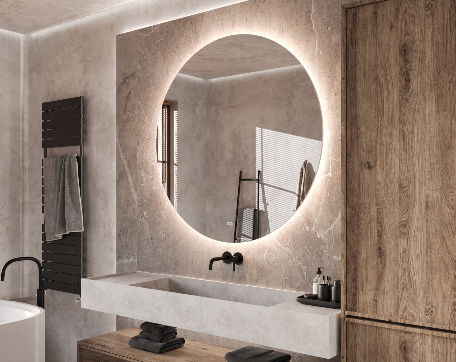 De indirecte verlichting schijnt vanachter de spiegel fraai en sfeervol over de wand en aan de onderzijde over het badmeubel