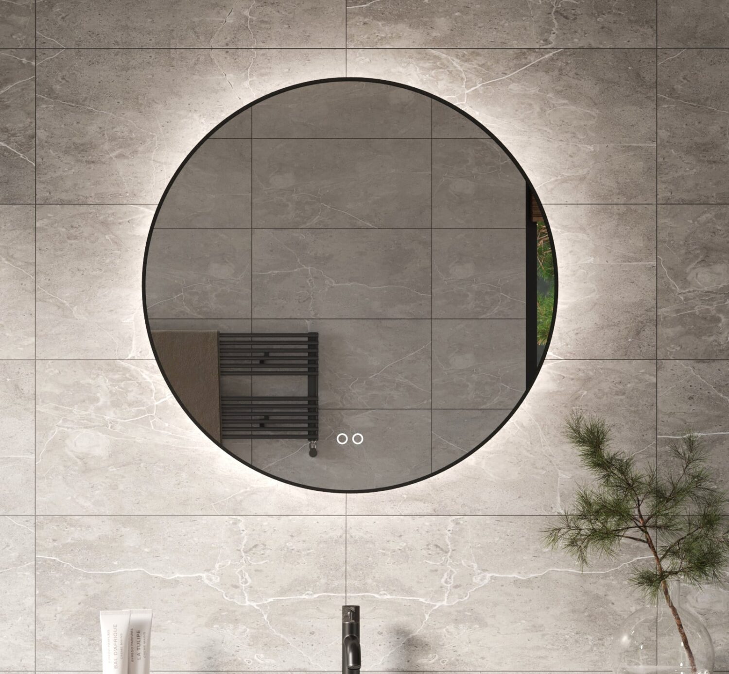 Ronde badkamerspiegel met indirecte verlichting, verwarming, touch sensor,  dimfunctie en gun metal frame 80x80 cm - Designspiegels