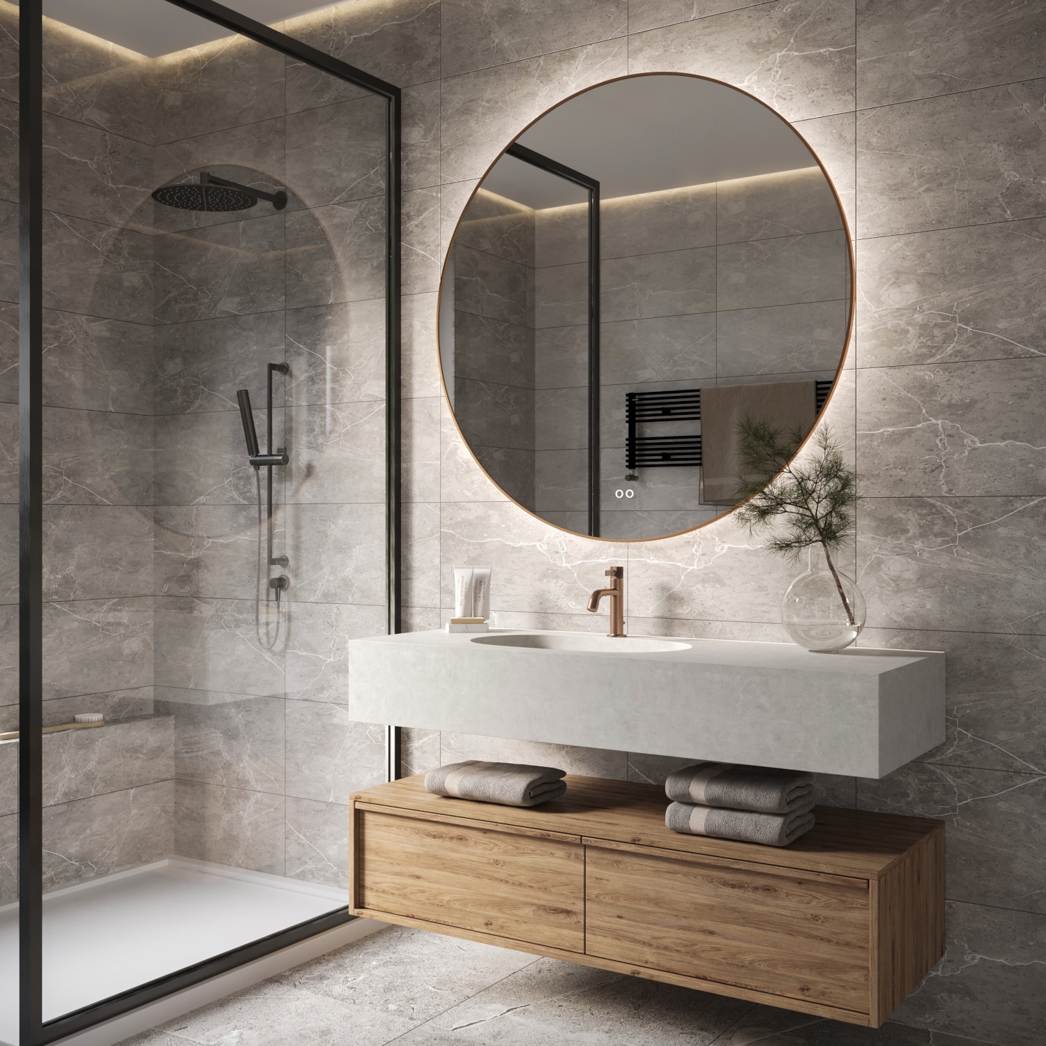 Deze koperen badkamer spiegel is eenvoudig aan de wand te monteren met de bijgeleverde montage materialen