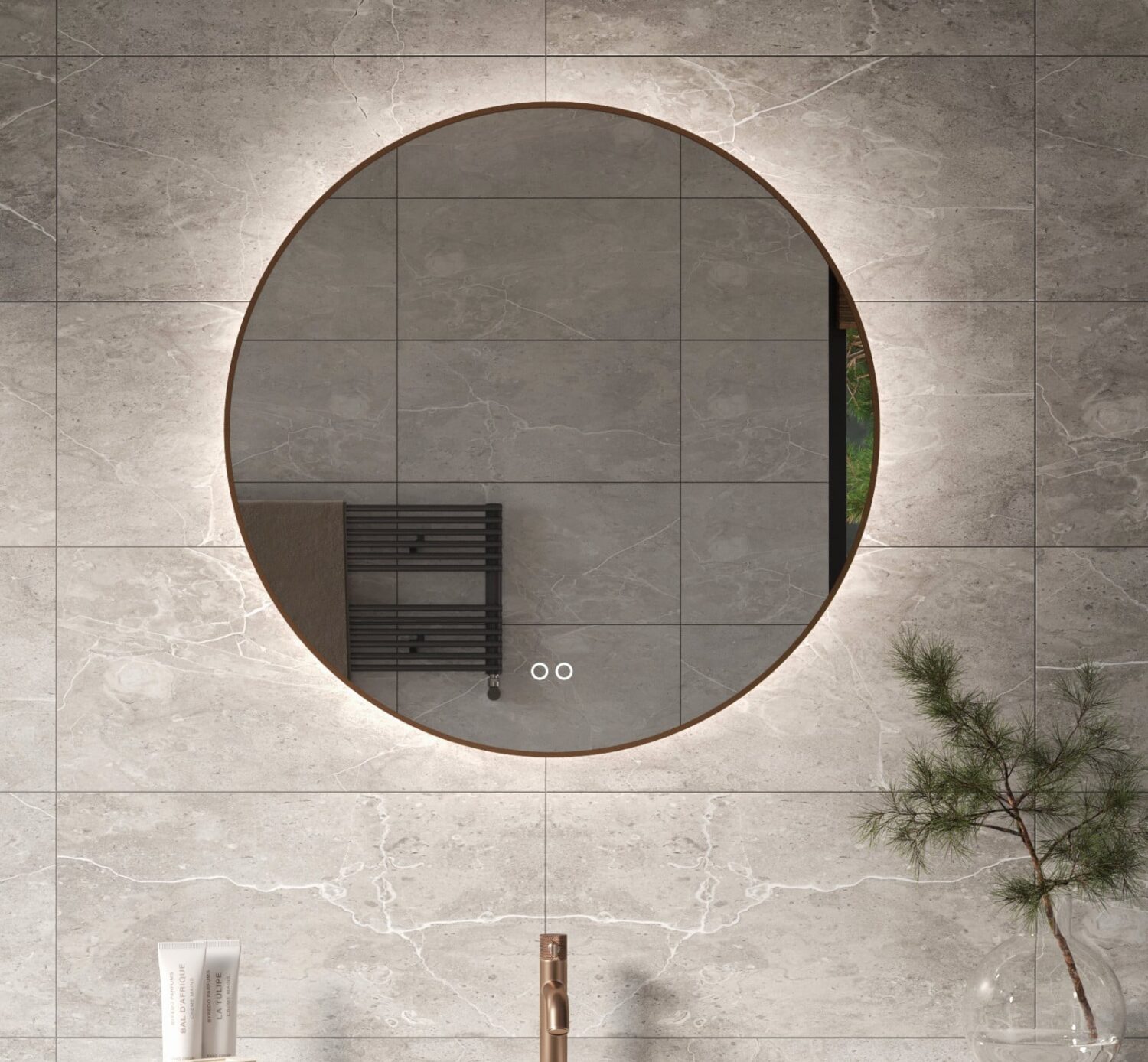 Luxe ronde badkamer spiegel uitgevoerd met een koperen rand