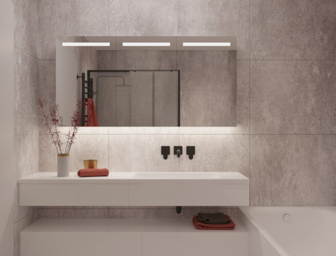 De verlichting en spiegelverwarming zijn beide geïntegreerd in de dubbelzijdig gespiegelde deuren
