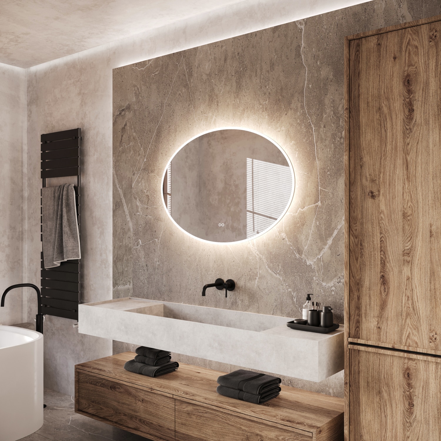 Deze ovalen badkamer spiegel is 100 cm breed en 70 cm hoog