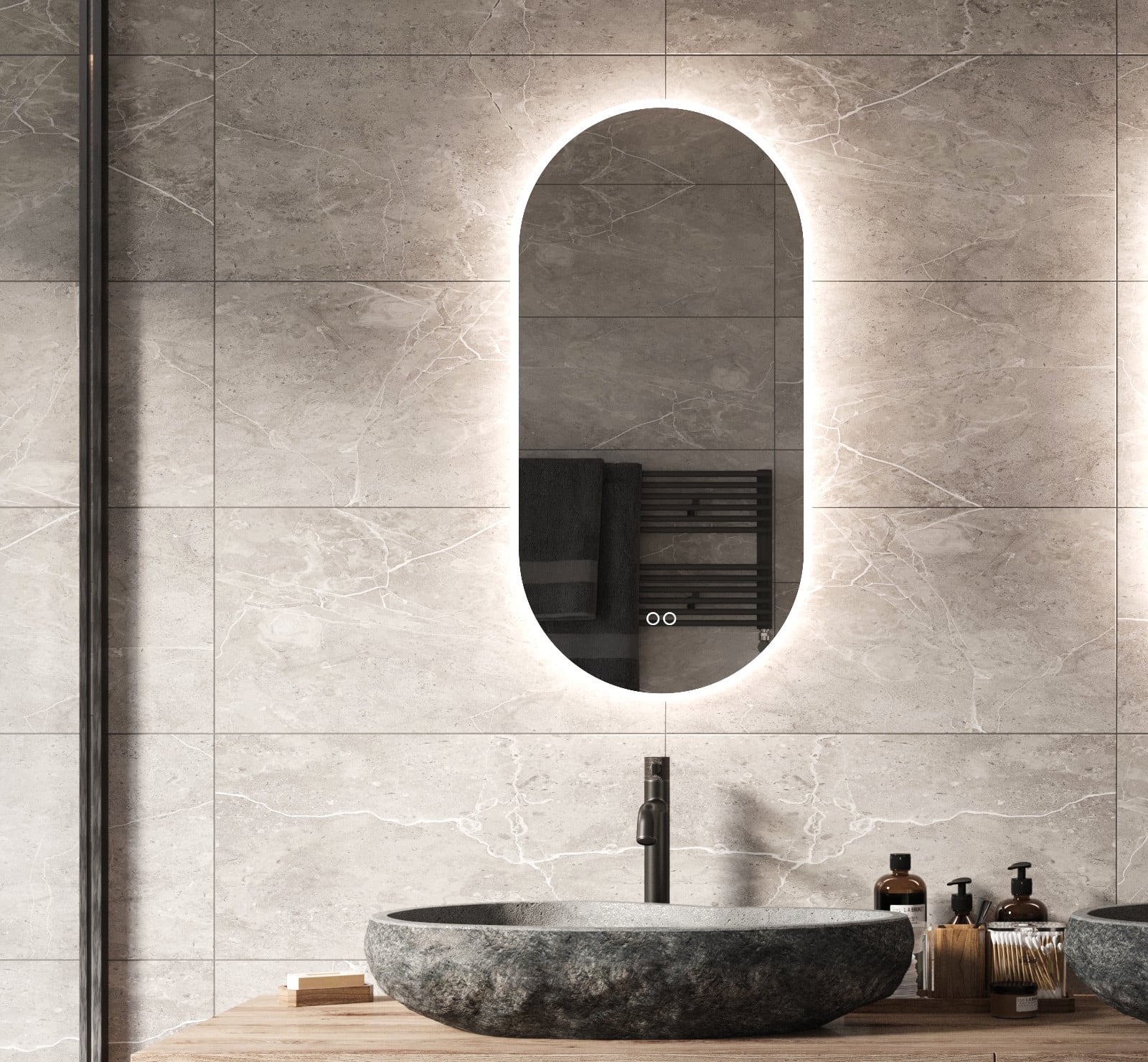 Ovale badkamerspiegel met LED verlichting, verwarming, touch sensor, kleurenwissel en mat zwart