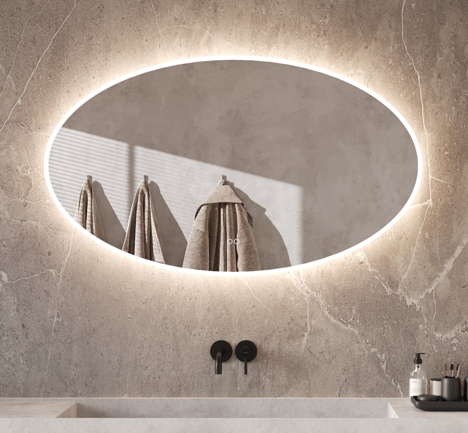 Fraaie ovalen badkamerspiegel met verlichting, spiegelverwarming en handige dubbele touch schakelaar met dimfunctie en kleurenwissel