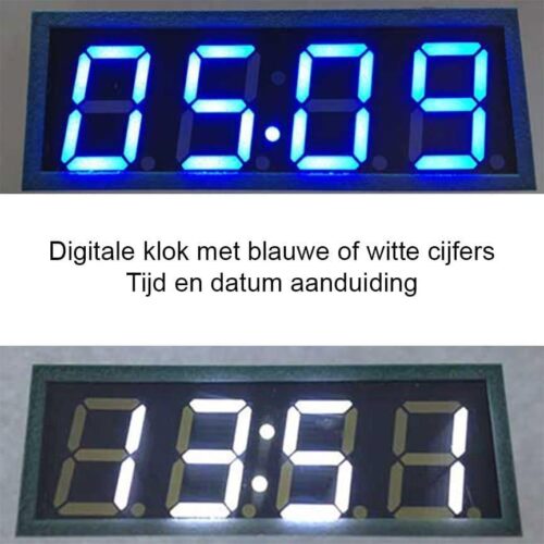 Optie digitale klok met datum aanduiding: verkrijgbaar met witte of blauwe cijfers.