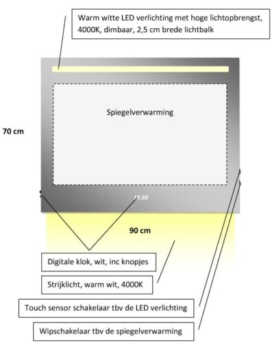 Technische tekening van een badkamerspiegel van 90cm breed en 70cm hoog