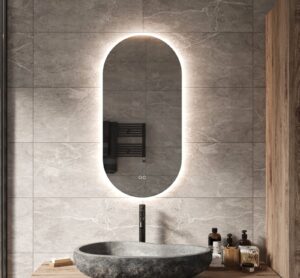 Moderne ovale badkamerspiegel met vele opties, zoals: dimbare verlichting met instelbare lichtkleur en spiegelverwarming