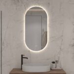 Ovale design badkamer spiegel met ingebouwde verlichting, spiegelverwarming en dubbele touch schakelaar met dimfunctie en instelbare lichtkleur