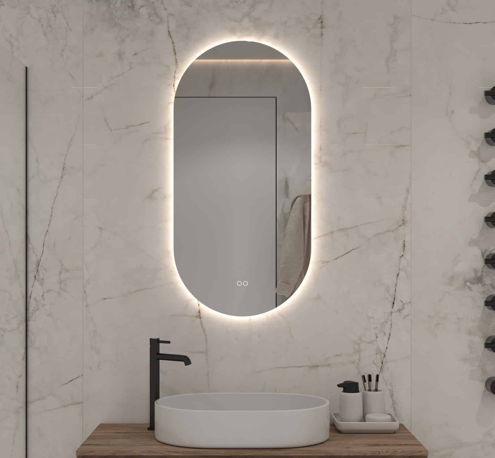 Ovale design badkamer spiegel met ingebouwde verlichting, spiegelverwarming en dubbele touch schakelaar met dimfunctie en instelbare lichtkleur