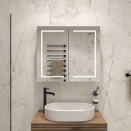 Deze alu badkamer spiegelkast met hoge lichtopbrengst is 80 cm breed en 70 cm hoog