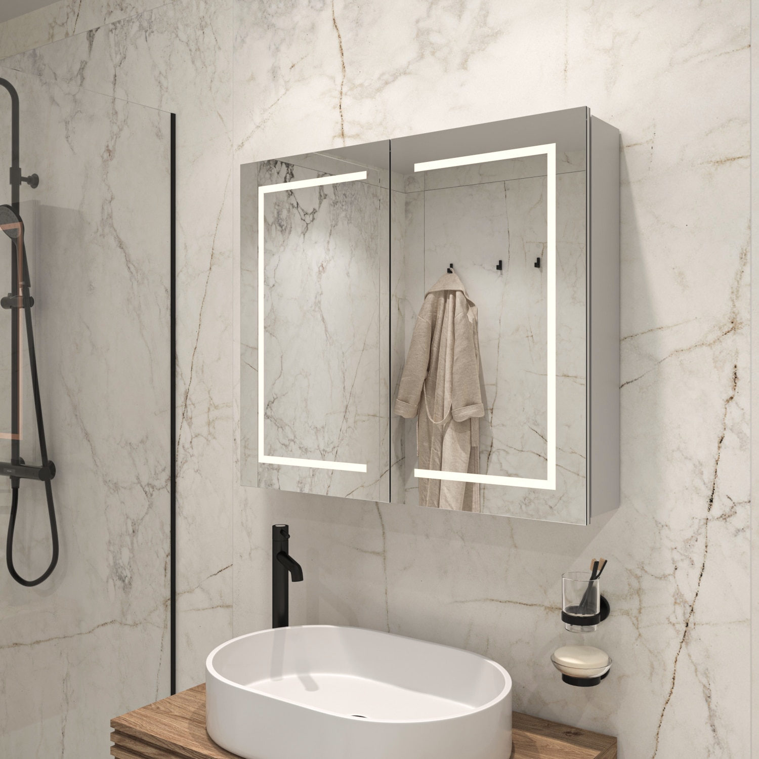 Bij deze aluminium spiegelkast is zowel de verlichting als de verwarming volledig in de deur geïntegreerd