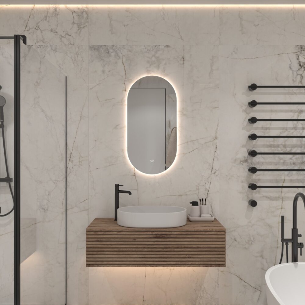 S'bagno Badkamerspiegel met verlichting, 50 x 80 cm, ovale badkamerspiegel met verlichting en bluetooth, ontfogen, 3000 K/4000 K/6500 K, IP44- badkamerspiegel met licht en geheugenfunctie