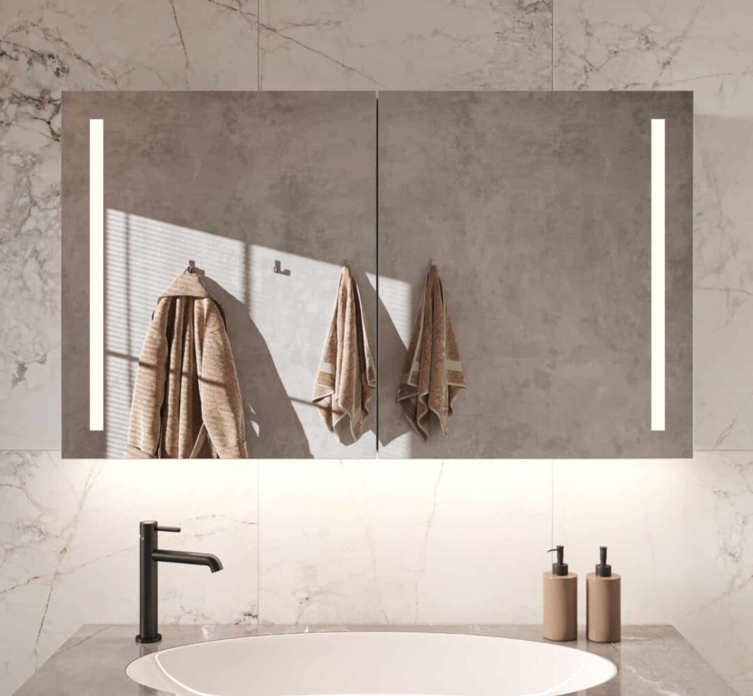 SONNI Led-spiegelkast badkamer en stopcontact 70 x 50 cm, aluminium spiegelkast met touch-schakelaar, 3 lichtkleuren ontgrendeling, draadloos scharnier, design, medicijnkastje