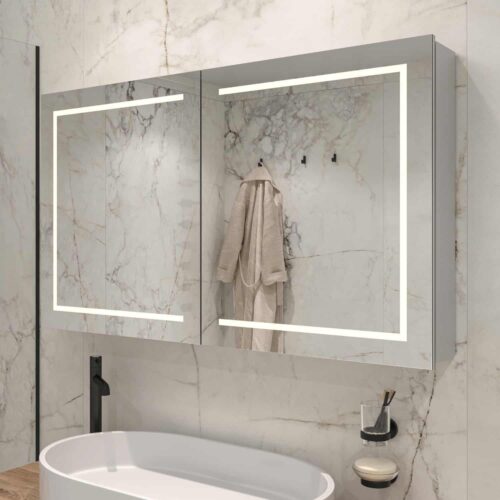 Aluminium Badkamer Spiegelkast Met LED Verlichting Rondom Verwarming aluminium-badkamer-spiegelkast-met-led-verlichting-rondom-verwarming