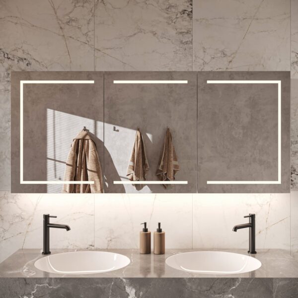 Grote design spiegelkast voor in de badkamer, uitgevoerd met geïntegreerde verlichting en verwarming