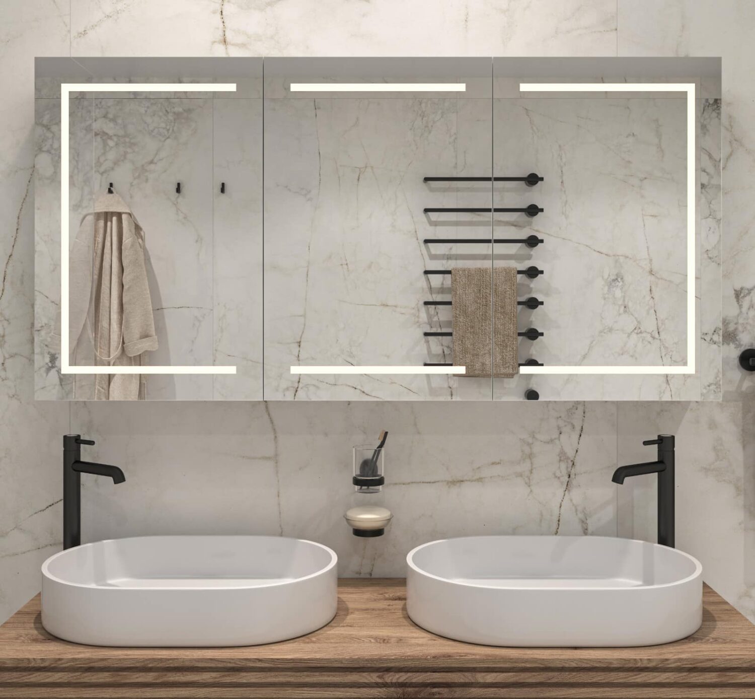 Luxe design spiegelkast, uitgevoerd met verlichting, spiegelverwarming en 2 geaarde stopcontacten
