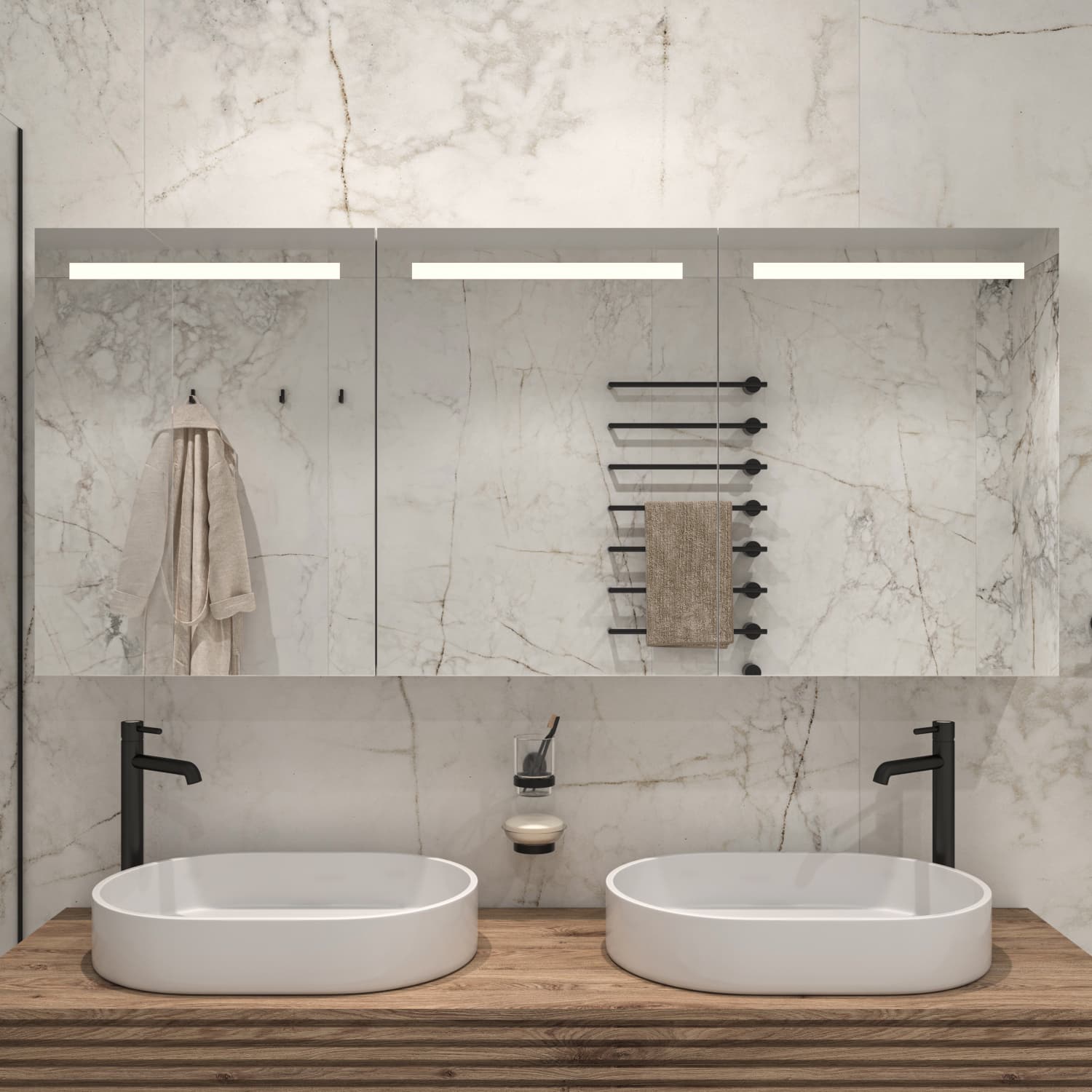 Stijlvolle 160 cm brede spiegelkast voor in de badkamer, uitgevoerd met geïntegreerde verlichting en verwarming