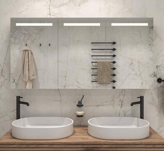 wees stil Getalenteerd Acteur Aluminium badkamer spiegelkast met LED verlichting aan de bovenzijde,  verwarming, sensor en stopcontact 140x70 cm - Designspiegels