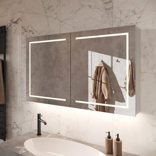 Bij deze aluminium spiegelkast is zowel de verlichting als de verwarming volledig in de deuren geïntegreerd