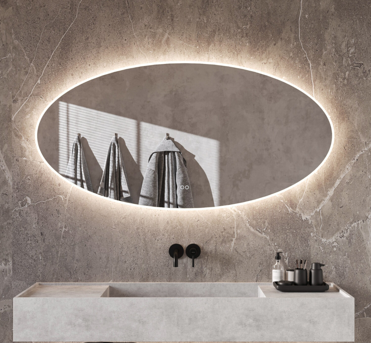 Fraaie ovale badkamerspiegel met verlichting, spiegelverwarming en handige dubbele touch schakelaar met dimfunctie en kleurenwissel
