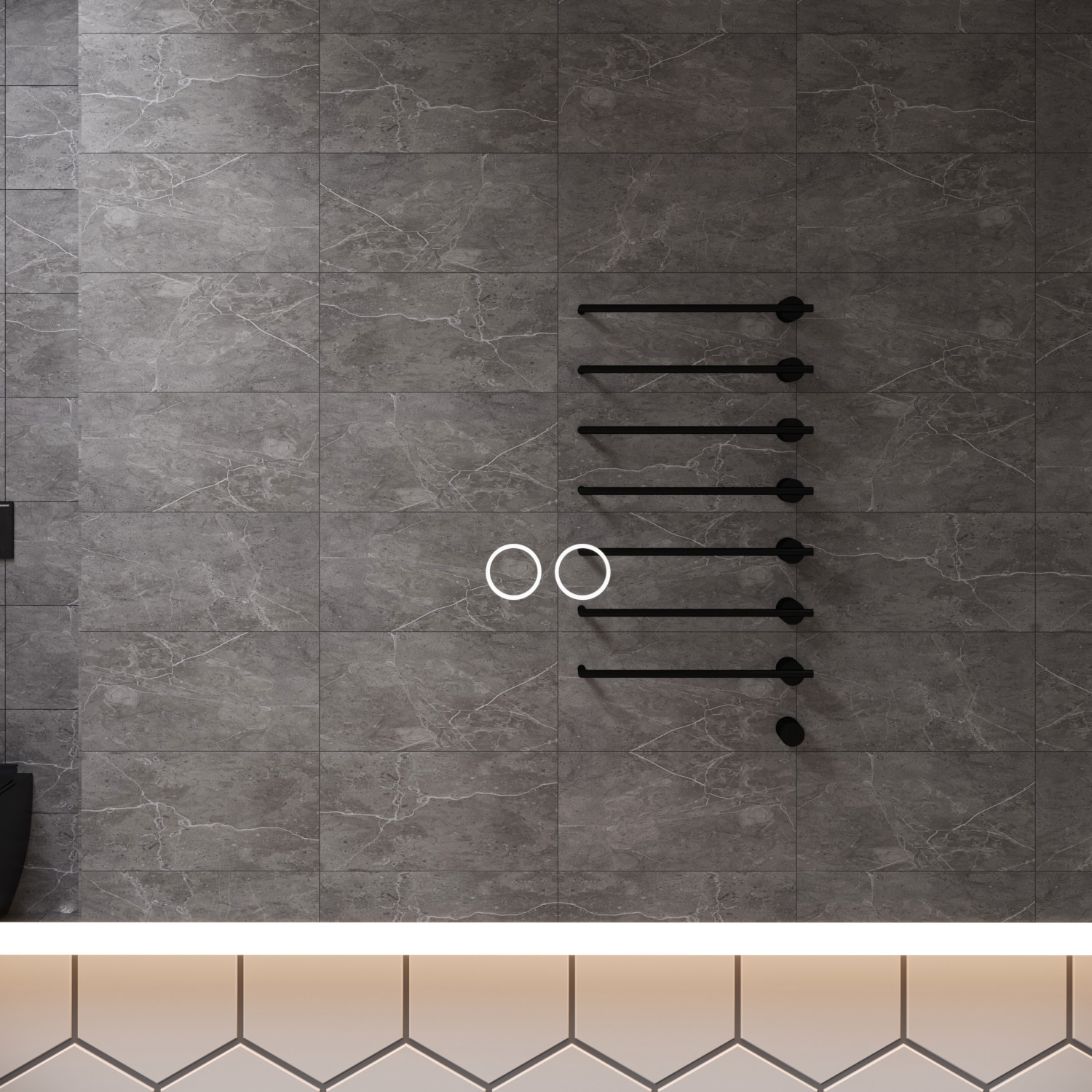 Uitgevoerd met een dubbele touch schakelaar in het spiegelglas; linker touch knop voor het gelijktijdig in- en uitschakelen van de verlichting en de verwarming, inclusief geïntegreerde dimfunctie voor de verlichting, rechter touch knop om traploos de gewenste kleur van de verlichting in te stellen