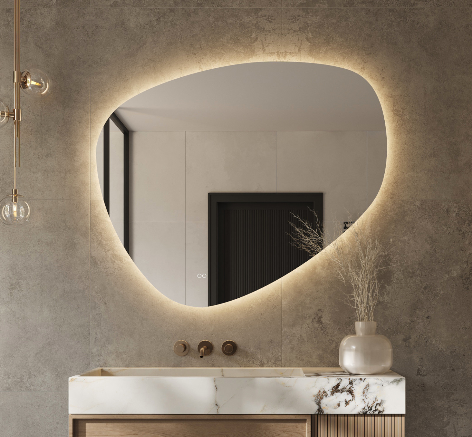 Organische badkamerspiegel met indirecte verlichting, verwarming, instelbare lichtkleur en
