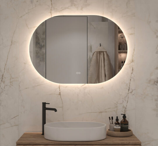 Deze mooi afgewerkte ovale badkamer spiegel is van alle gemakken voorzien, zoals dimbare verlichting, spiegelverwarming en een dubbele touch schakelaar met oa instelbare lichtkleur