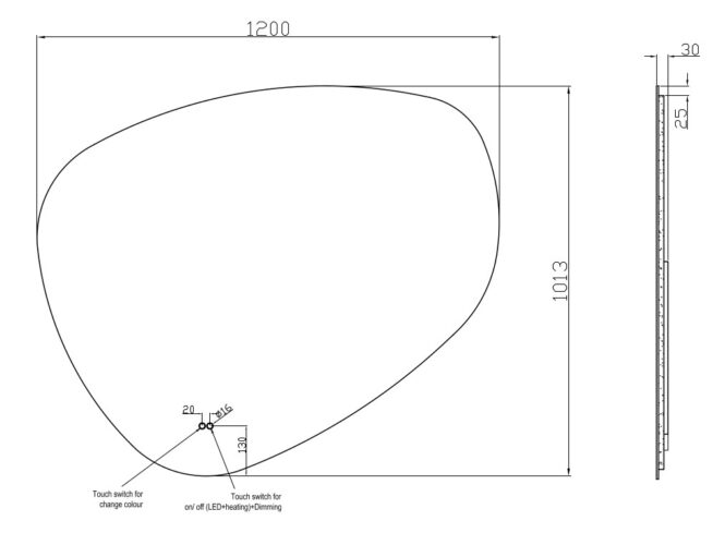 Technische tekening voorzijde organische spiegel