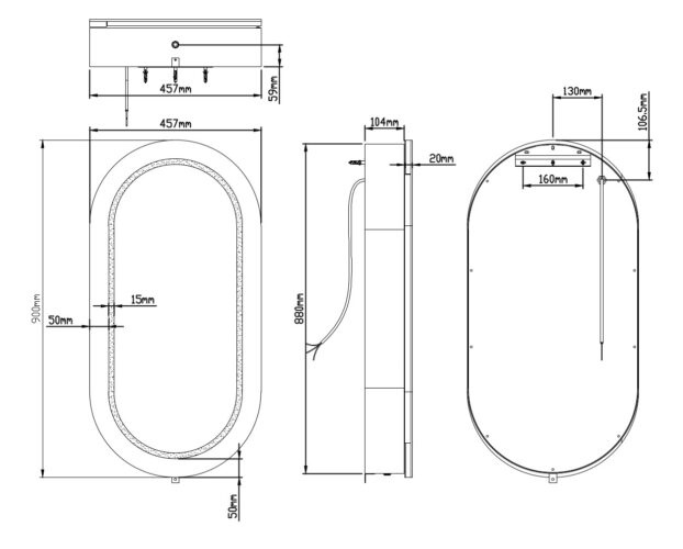 Technische tekening ovale spiegelkast