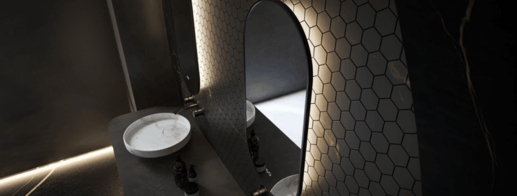 Moderne badkamerspiegel met gun metal frame