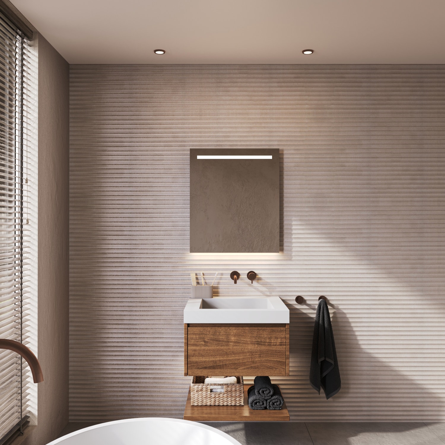 Deze strakke badkamer spiegel is 60 cm breed, 70 cm hoog en slechts 3 cm diep