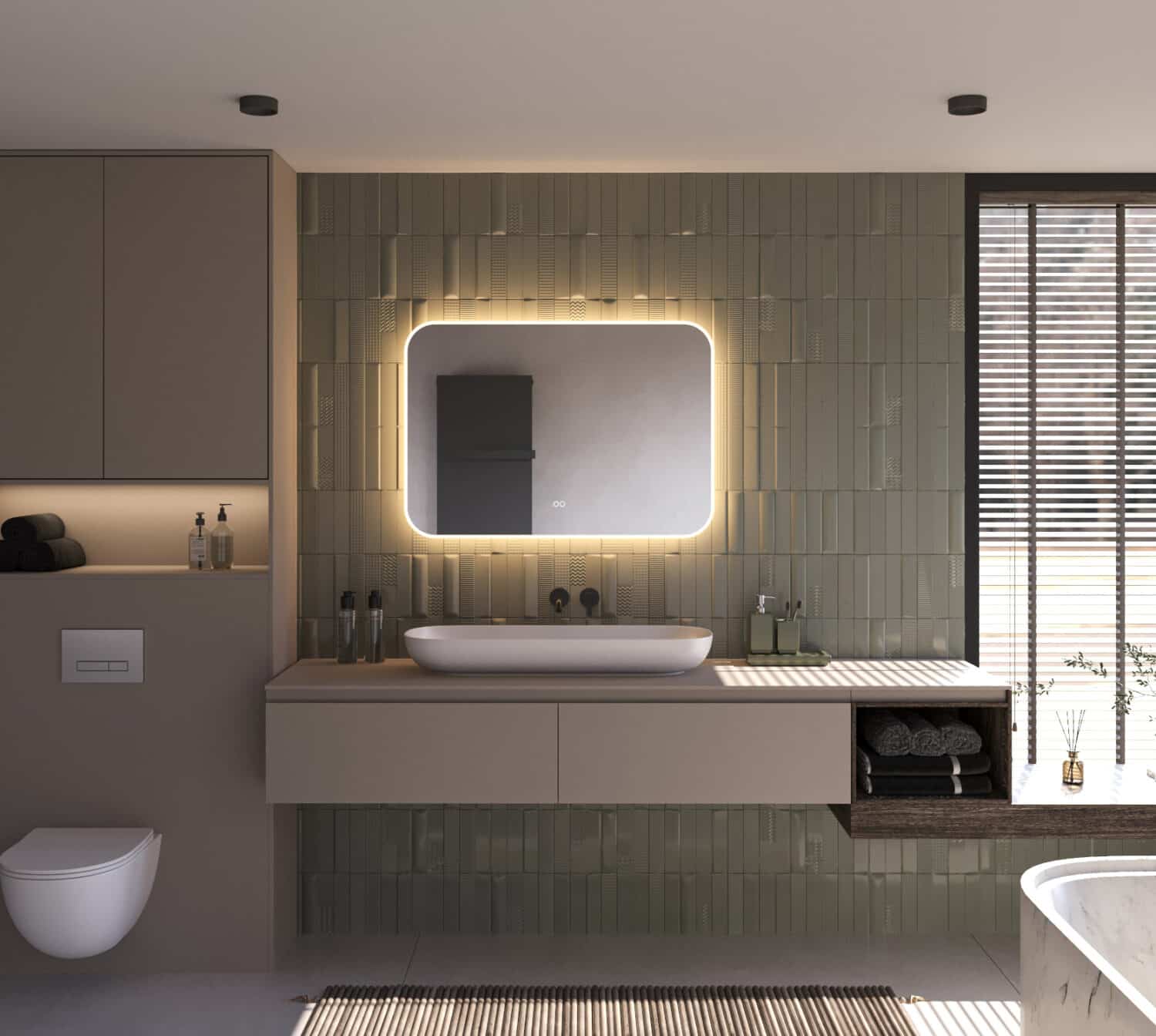 Deze stijlvolle badkamer spiegel met afgeronde hoeken is 100 cm breed, 70 cm hoog en slechts 3 cm diep