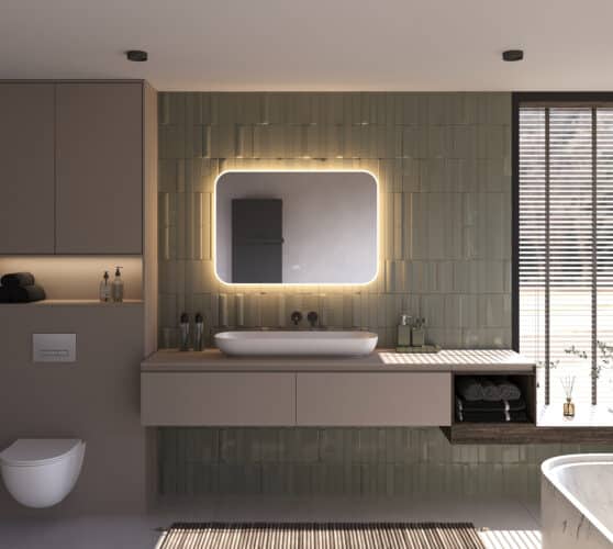 Deze stijlvolle badkamer spiegel met afgeronde hoeken is 100 cm breed, 70 cm hoog en slechts 3 cm diep