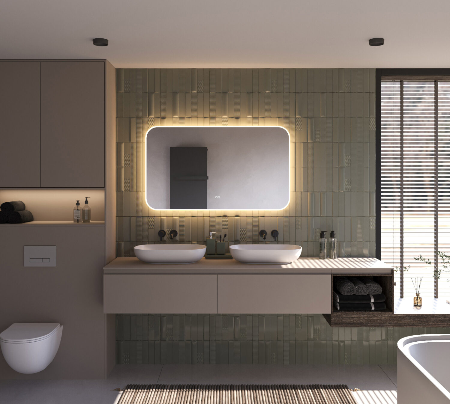 Deze stijlvolle badkamer spiegel met afgeronde hoeken is 140 cm breed, 70 cm hoog en slechts 3 cm diep