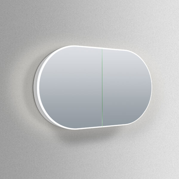 Stijlvolle ovale badkamer spiegelkast, uitgevoerd met verlichting, spiegelverwarming, stopcontacten met USB, magnetische make-up spiegel, soft-close scharnieren, instelbare lichtkleur en dimfunctie