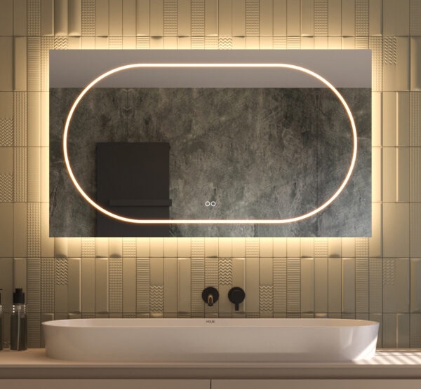 Unieke design badkamerspiegel, uitgevoerd met dual-light-control, dimbare verlichting, instelbare lichtkleur, spiegelverwarming en dubbele touch schakelaar